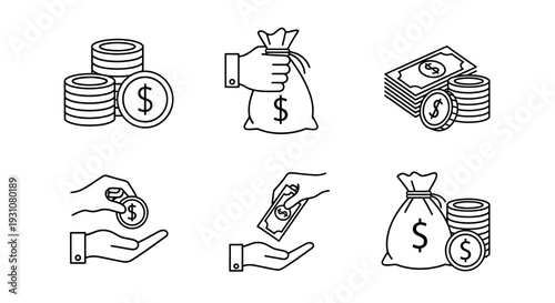 Collection of financial transaction icons featuring coins, money bags, and hands exchanging currency in a simple line art style, symbolizing various monetary activities and services.