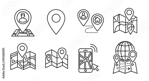 Collection of navigation icons depicting various location markers and maps from a straightforward perspective
