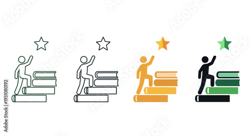 People Achieving Success by Reaching for Stars on Top of Book Stacks in Simple Illustrations