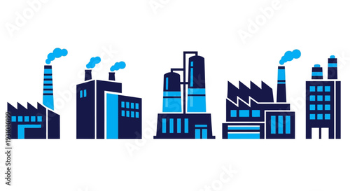 Industrial landscape featuring factories, buildings, and smokestacks emitting smoke, illustration, daytime, front view