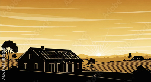 Sustainable rural living at golden hour featuring a home equipped with modern solar panels in a