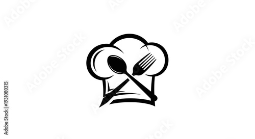 Elegant chef hat with crossed kitchen utensils, symbolizing gourmet food preparation and culinary