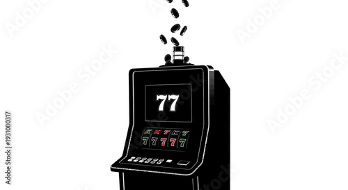 Digital illustration of a vintage casino slot machine with lucky sevens and falling tokens