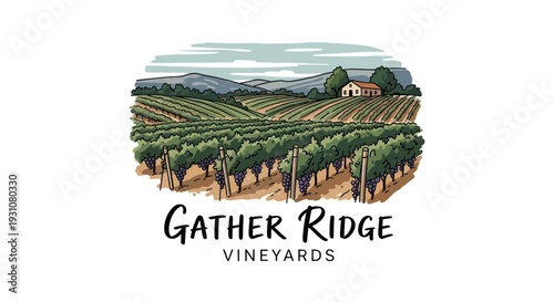 Gather Ridge Vineyards Logo with Vineyard Landscape and Winery Building.