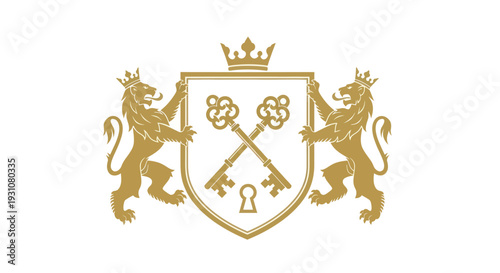 Golden heraldic crest with lions and crossed keys.