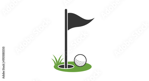 Golf flag and ball on green grass next to hole.