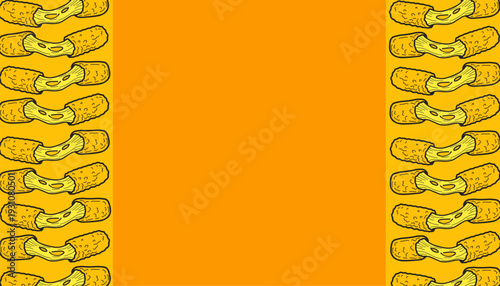 Mozzarella cheese stick background. Vector hand drawn illustration frame. Fried snack food background. Seamless cheese pull texture. Crispy breaded appetizer design. Fast food wallpaper graphic.