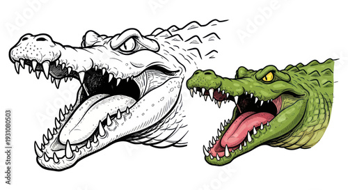Scary Crocodile Head with Open Mouth and Sharp Teeth, Black and White Line Art and Color Version