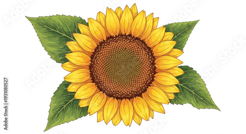 Vibrant Sunflower with Green Leaves, Detailed Botanical Illustration
