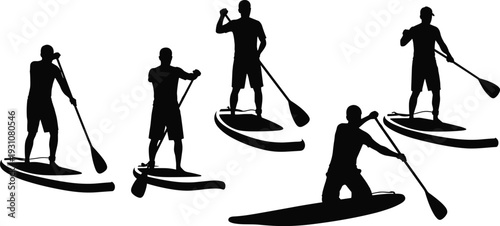 Black silhouette of people on stand up paddle boards, summer outdoor water sports activity, isolated vector illustration on white