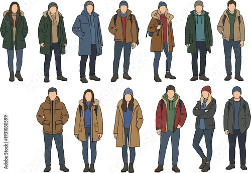 Vector illustration of diverse people wearing winter outdoor clothing, parkas, and beanies for cold weather fashion and lifestyle
