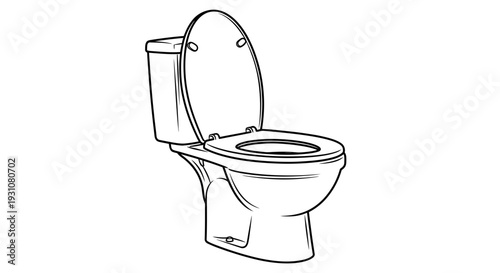 Clearly rendered line art illustration of a modern white toilet with the lid raised, showcasing