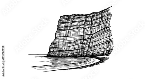 Monochromatic hand-drawn illustration of a towering coastal cliff overlooking tranquil waters and
