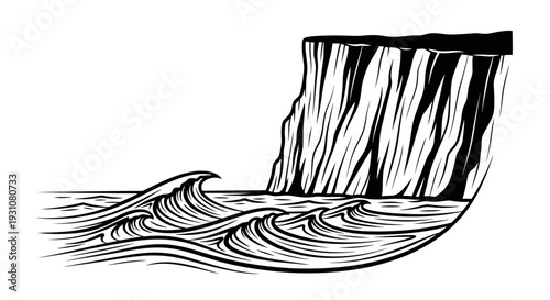 Dynamic monochromatic illustration of ocean waves meeting a rugged seaside cliff