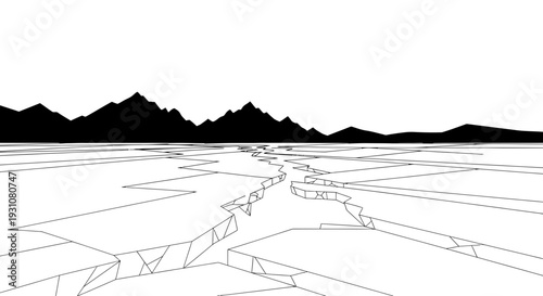 Stark monochrome depiction of fractured ice terrain extending towards distant rugged mountain peaks