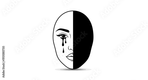 Emotional duality represented by a crying face and a dark silhouette symbolizing hidden grief and
