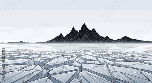 Stark glacial landscape with jagged ice floes and towering peaks under a vast sky