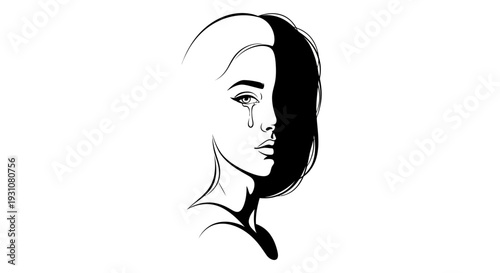 Emotional portrait illustrating sorrow with striking black and white contrast and a single tear