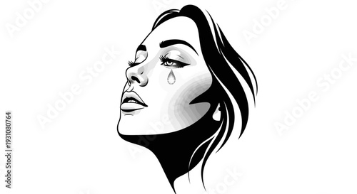 Monochromatic graphic design portraying a woman's sorrowful profile, a solitary tear escaping her
