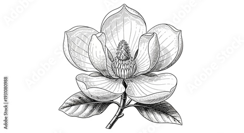 Elegant monochrome botanical illustration of a blooming magnolia flower with intricate details