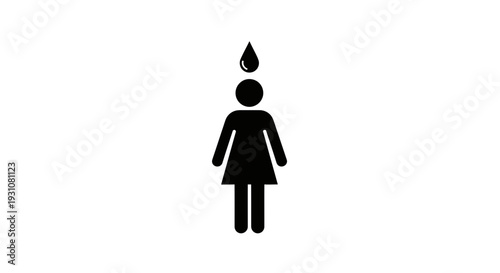 Minimalist black icon of a female figure with a single water droplet symbolizing shower or