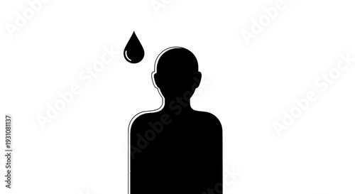Minimalist black silhouette of a human head and shoulders with a single dark drop hovering above