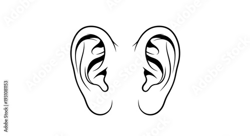 Stylized black outline drawing showcasing the intricate external structure of human ears