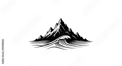 Dramatic black and white emblem showcasing rugged mountain peaks rising above a powerful ocean wave