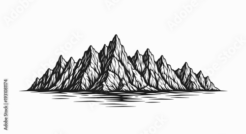 Striking black and white illustration of majestic mountain peaks reflecting on still water surface
