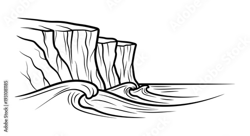 Striking monochrome line art depicting powerful ocean waves rolling beneath majestic coastal