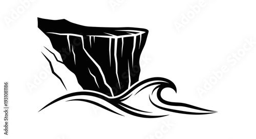 Abstract graphic illustration featuring a rugged black cliff formation against a cresting ocean