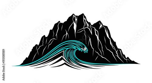 Striking graphic illustration of majestic black mountains overlooking a powerful turquoise ocean