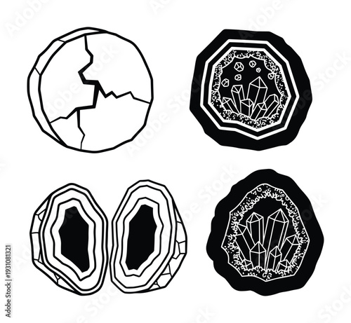 Agate Geode Collection Vector, Cracked Rock, Crystal Geode, Mineral Halves, Rock Cutting in Half Illustration