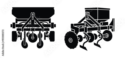 Agricultural seeder and cultivator vector illustration in silhouette. Farm equipment for planting and tillage.