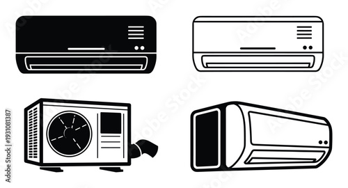 Air conditioner vector set. AC unit outline drawing, indoor and outdoor conditioning, monochrome style.