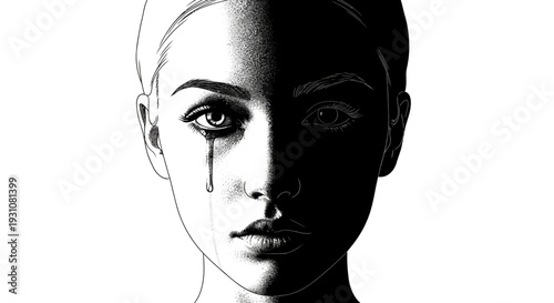 Emotional depth depicted through stark light and shadow on a woman's face with a single falling tear