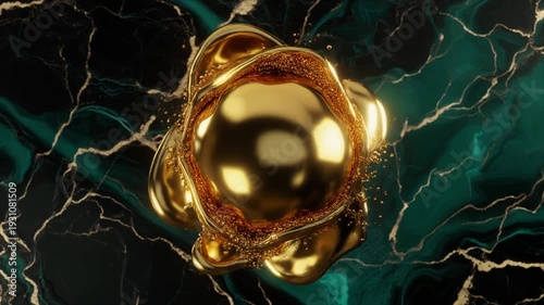 Luxurious golden sphere on dark green marble background.
