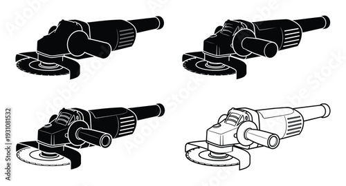 Angle Grinder Vector Illustration, Power Tool Outlines Set, Electric Grinders in Black and White isolated