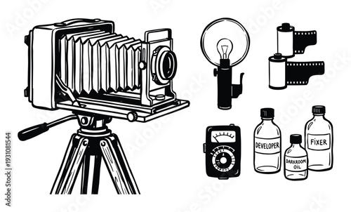 Antique camera with tripod, flash, film rolls, light meter, and darkroom bottles in black and white vector illustration