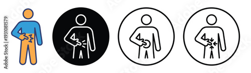 Appendicitis pain icon set showing abdomen symptom. Medical illustration of abdominal problem in color and outline style.