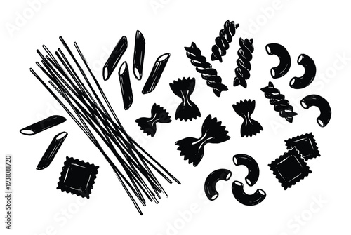 Assorted pasta shapes collection: spaghetti, penne, farfalle, rotini, elbow macaroni and ravioli, Italian food staples