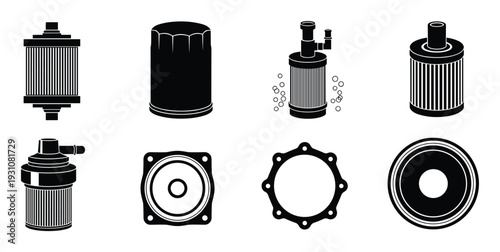 Assortment of Vehicle Oil Filter Replacement Parts and Gaskets Vector Art