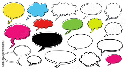 Collection of colorful and outline speech bubbles, thought bubbles, and comic style dialog boxes
