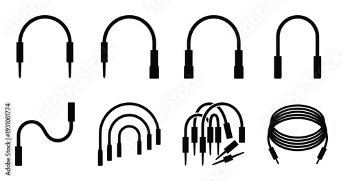 Audio cable connectors illustration set, audio jack plug connector vector silhouettes for audio connectivity and equipment