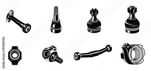 Auto parts black and white vector set. Automotive spare parts components illustration