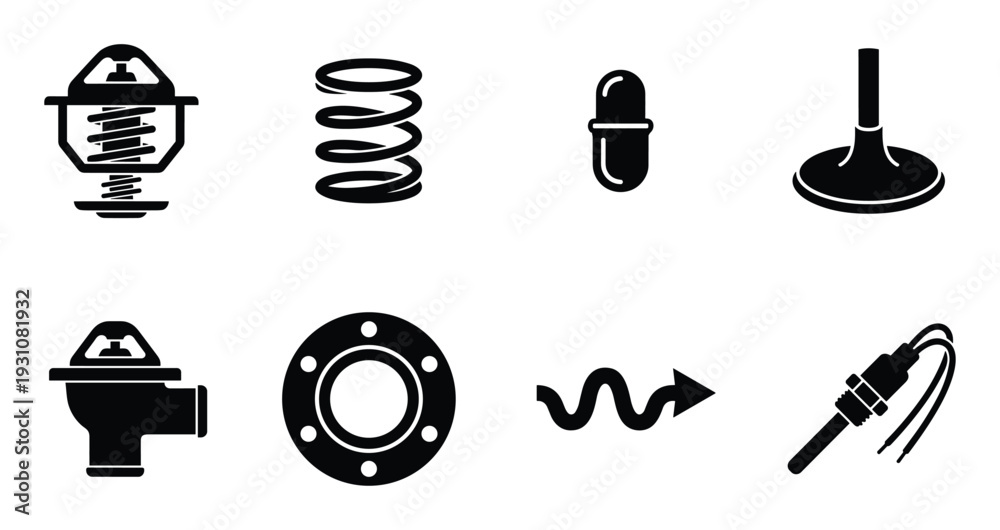 Fototapeta premium Automotive engine parts vector icon set, engine component, automotive repair tools and parts