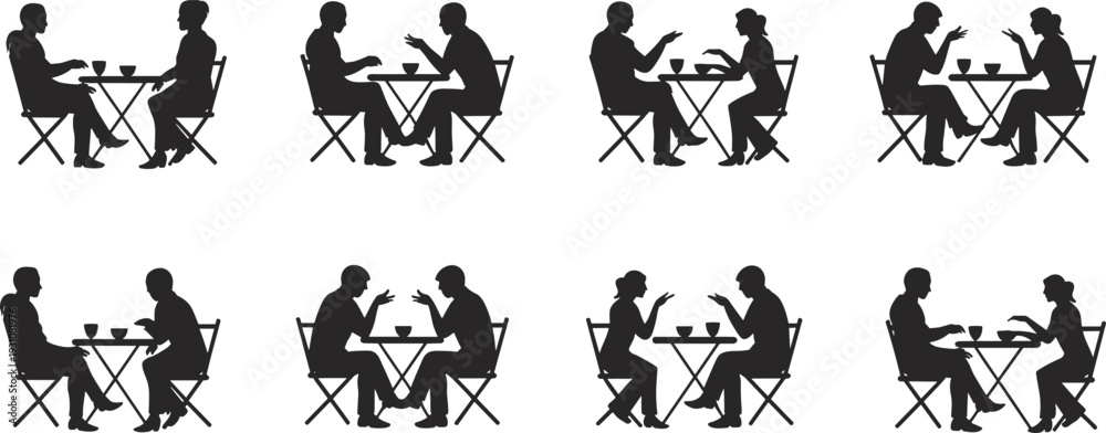 Obraz premium Couples dining silhouettes set, cafe restaurant conversation scenes with people socializing at table illustration