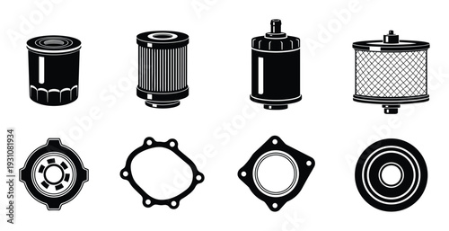 Automotive filters vector illustration set, car oil, fuel, and air filters