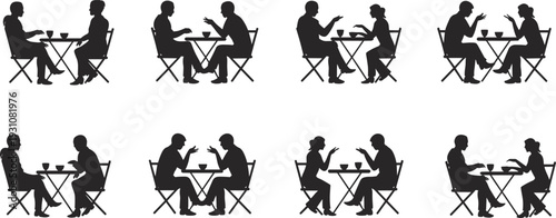 Couples dining silhouettes set, cafe restaurant conversation scenes with people socializing at table illustration