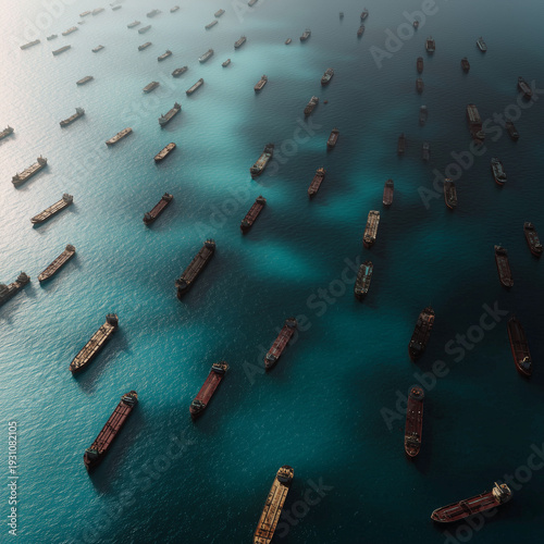 Aerial view. Many oil tankers piled up in the Persian Gulf due to blockade by warships.